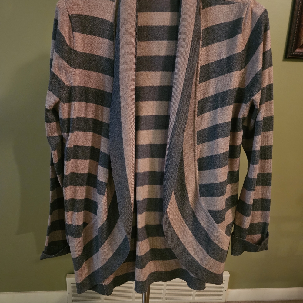 Striped Open-Front Women’s Cardigan Sweater - Gray & Taupe